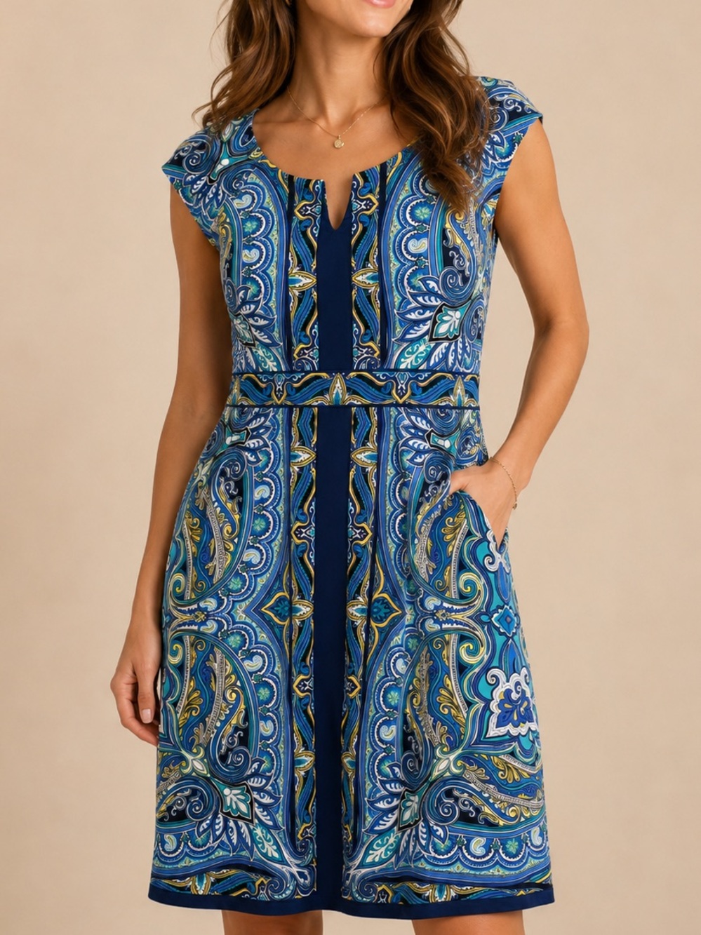 Apt. 9 Blue and Teal Paisley Fit-and-Flare Midi Dress - Picture 1 of 8